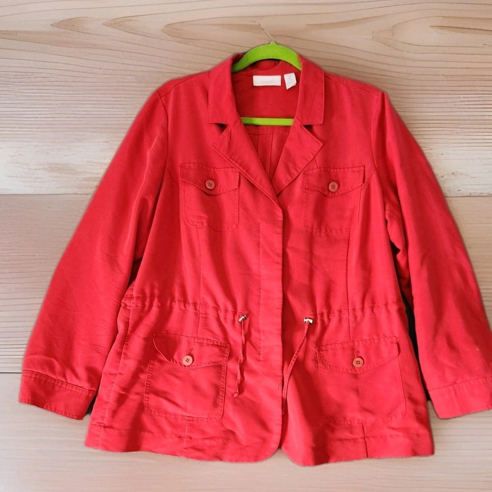Chicos‎ Cargo Utility Jacket Sz 2 M Cinch Waist Red Long Sleeve Holiday Colorful